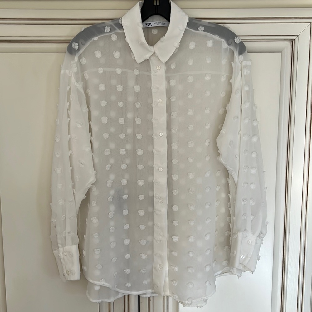 ZARA Semi-Sheer White Blouse With Puffs sIze XS-runs big!